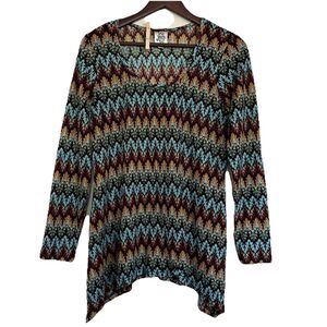 Ivy Jane Long Sleeve Knit Shark bite Round Neck Retro Boho Top SZ L